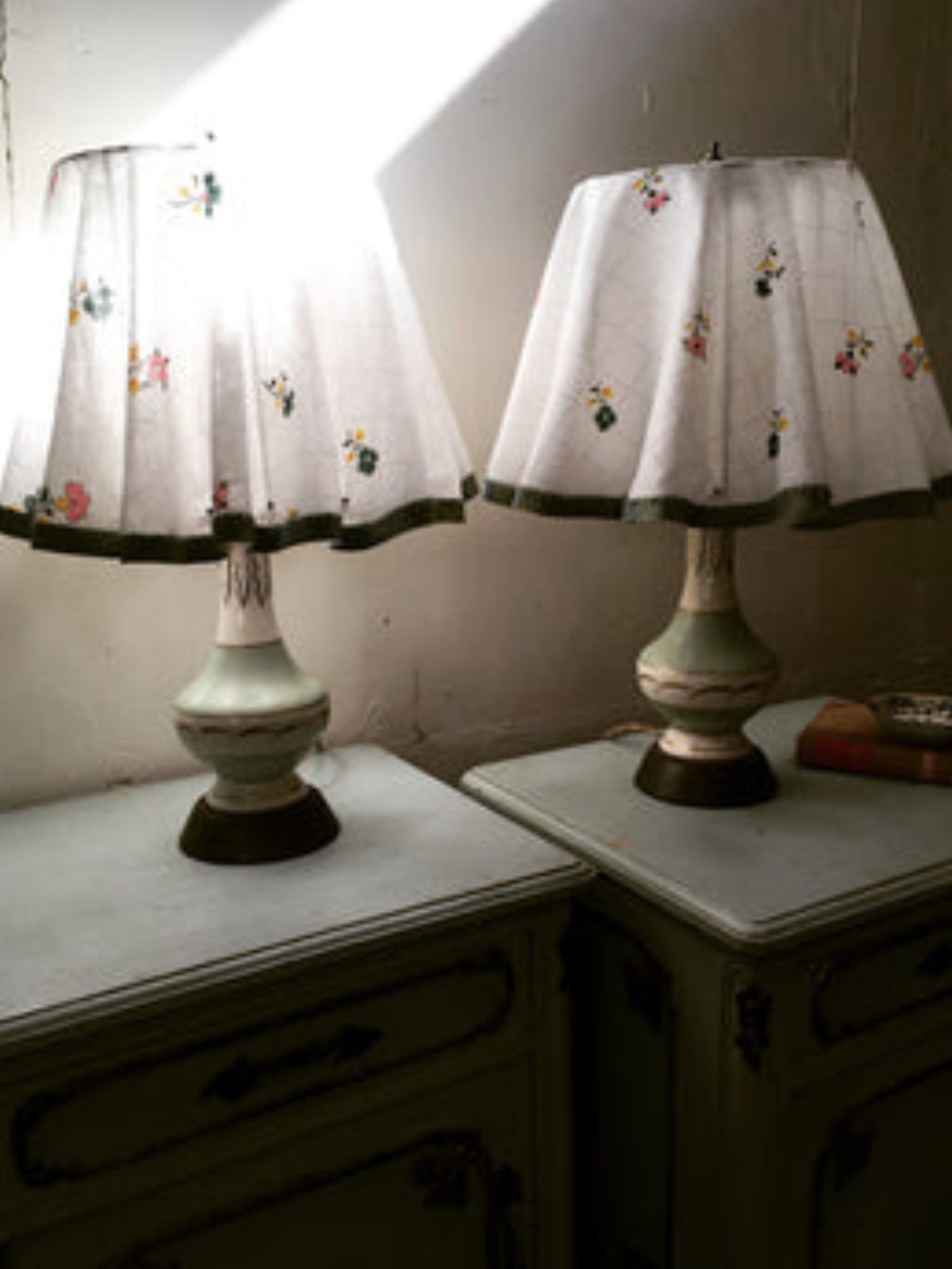 Amy's pair of '50's celadon lamps with slipcover shades