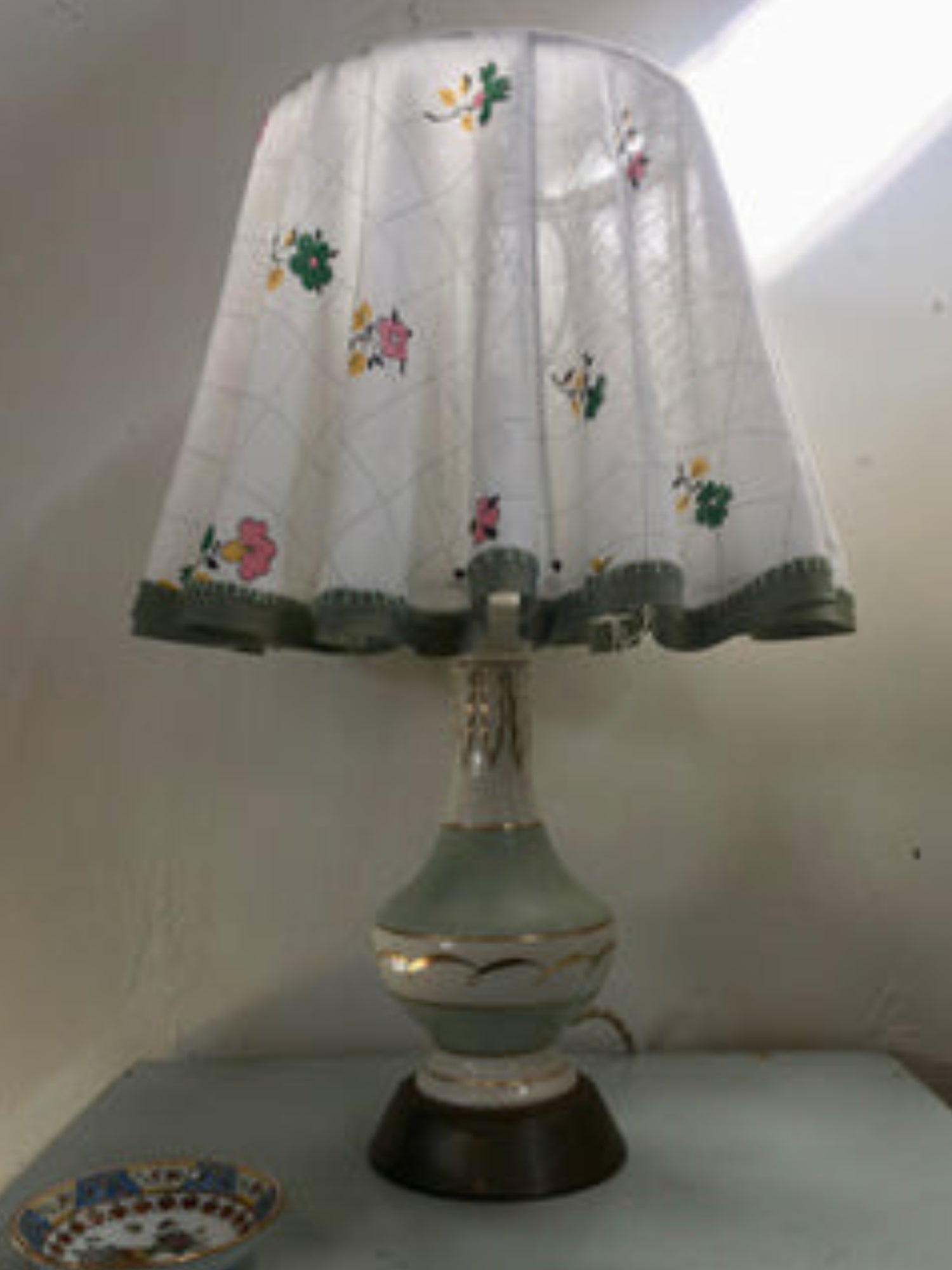 Amy's pair of '50's celadon lamps with slipcover shades