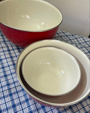 Set of bright red enamel bowls for kitchen decoration and use