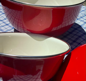 Set of bright red enamel bowls for kitchen decoration and use