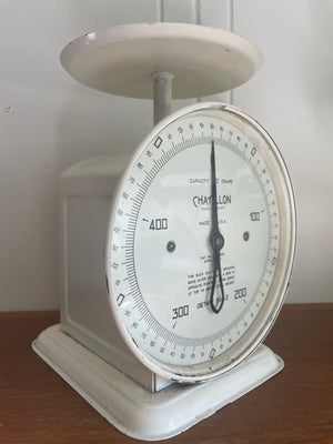 Vintage Chatillion dietary scale with white finish and decorative design.