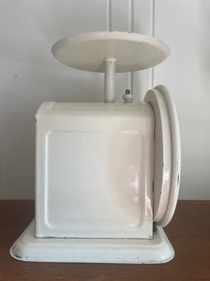 Vintage Chatillion dietary scale with white finish and decorative design.