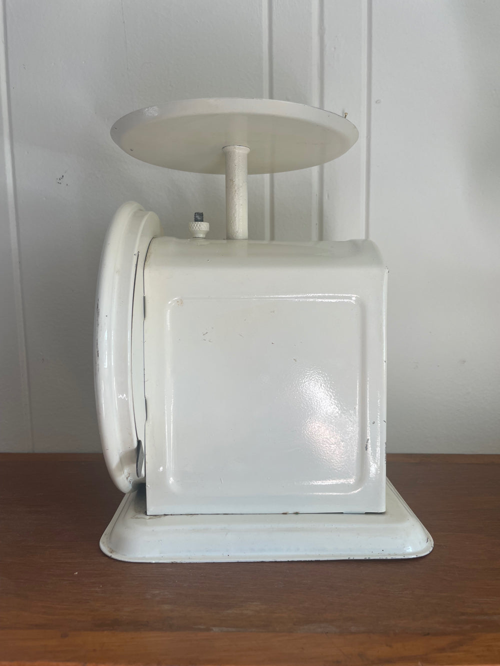 Vintage Chatillion dietary scale with white finish and decorative design.