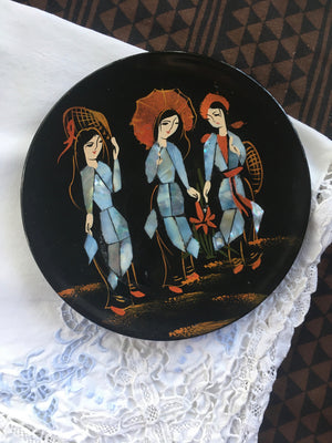 vintage abalone lacquer dish with hand painted Asian ladies