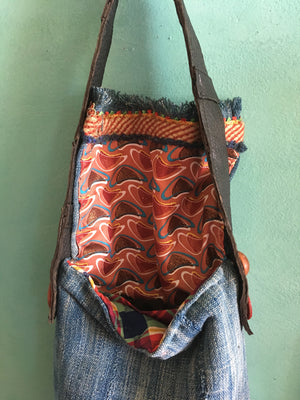 Sustainable indigo boho tote bag made from upcycled materials.