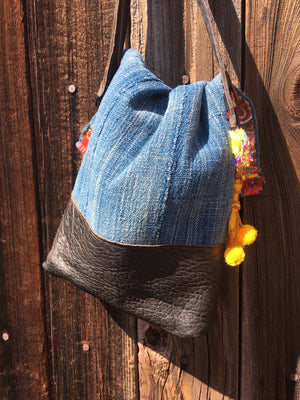 Sustainable indigo boho tote bag made from upcycled materials.