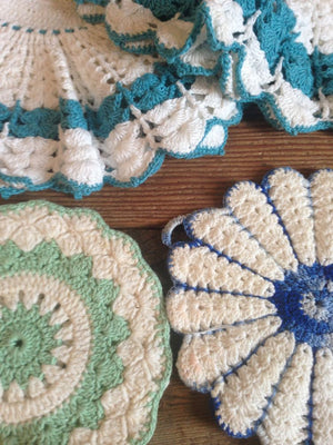  Vintage crocheted hot pads with scalloped edges