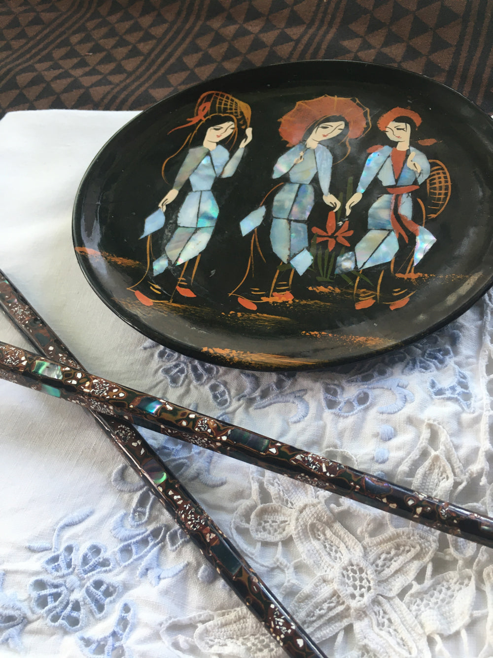 vintage abalone lacquer dish with hand painted Asian ladies