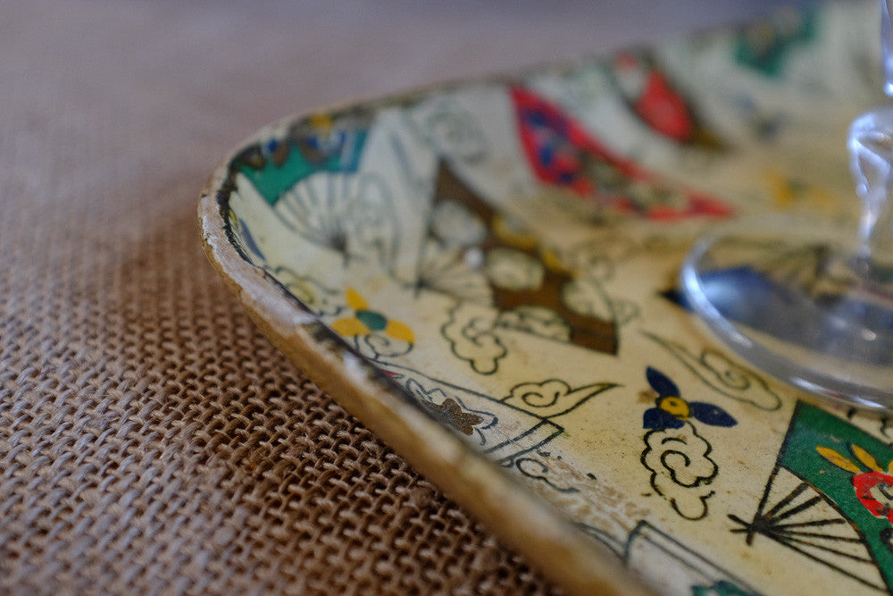 Vintage cocktail fan tray with mid century barware design