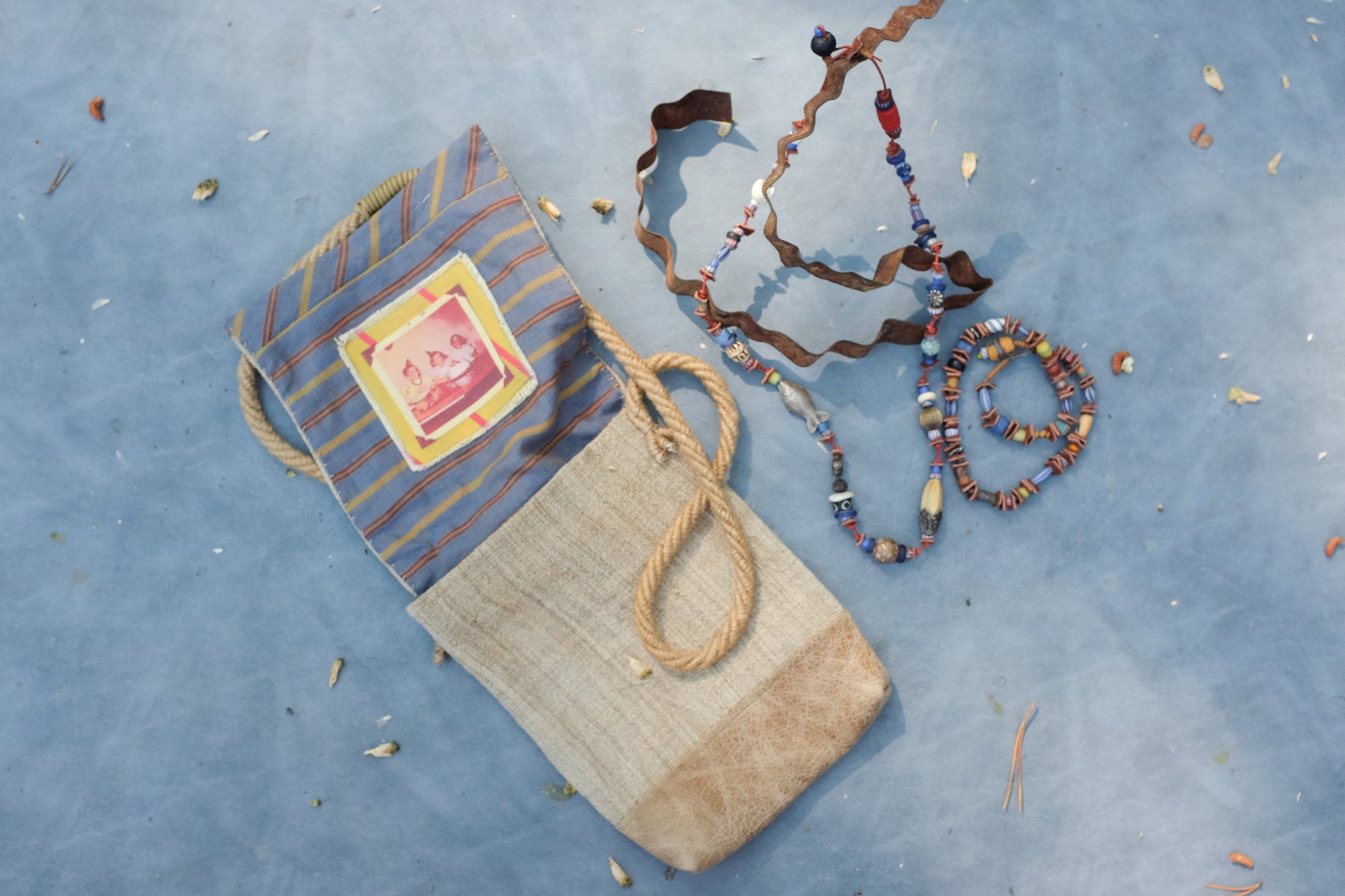 Handmade linen pouch with vintage photo detail