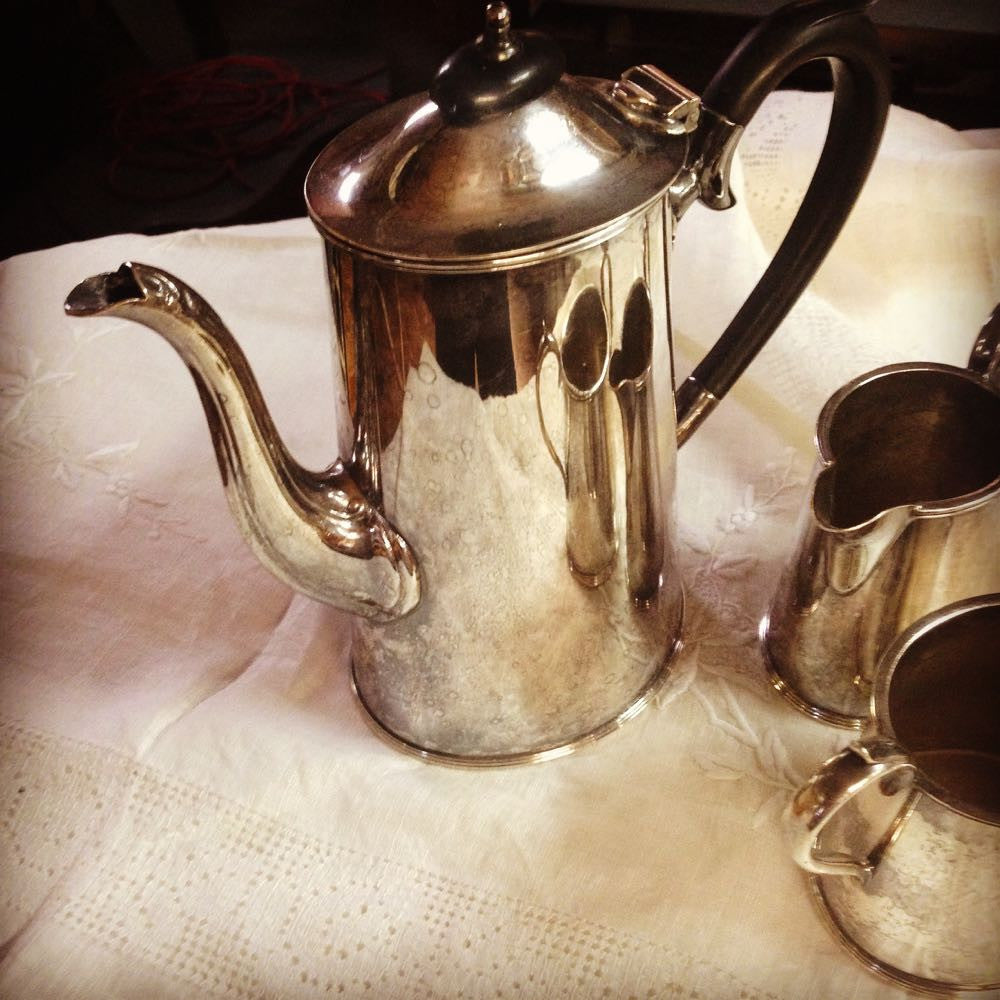 Vintage Sheffield coffee set with coffee pot, sugar and creamer.