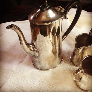 Vintage Sheffield coffee set with coffee pot, sugar and creamer.