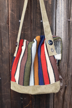 Colorful satchel bag made from reused vintage blanket 