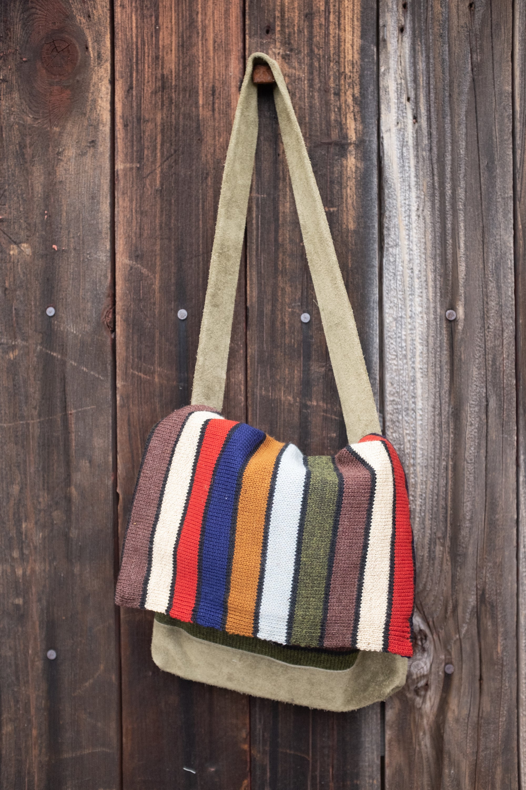 Colorful satchel bag made from reused vintage blanket 